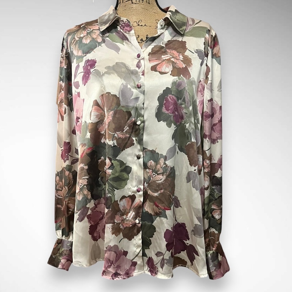 HAVER LONDON Women's Elegant Long Sleeve Pink and Green Floral Blouse XL | EUC
